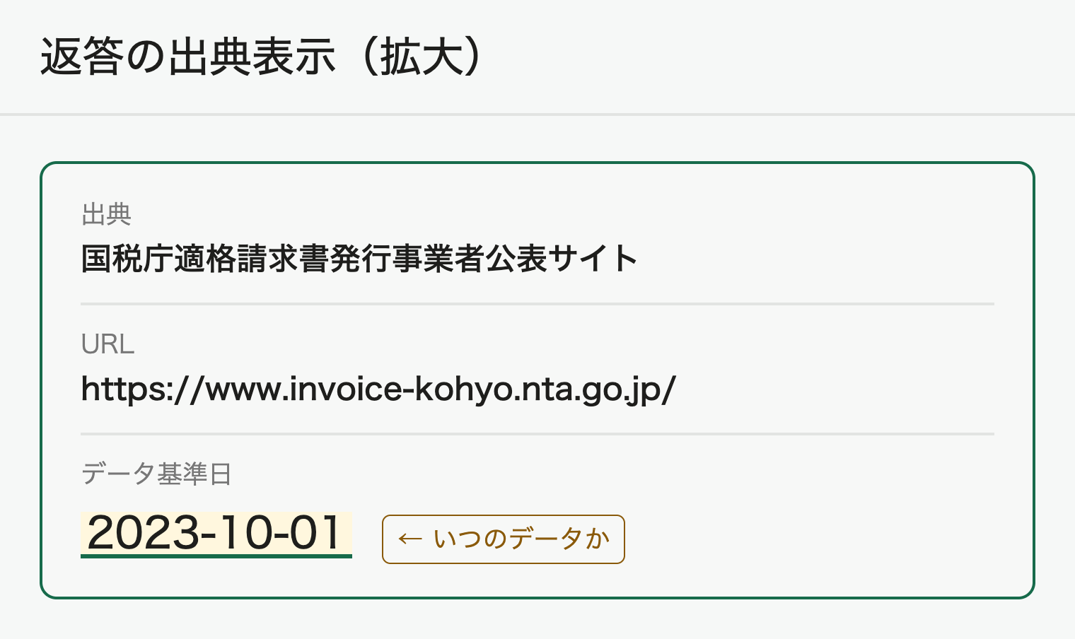返答の出典表示の拡大。出典名、URL、データ基準日が見える